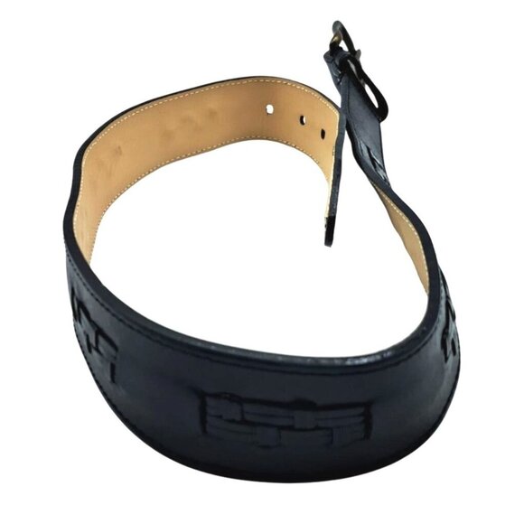 Orvis Black Leather Belt Unisex Size 29 Vintage Basket Weave Design Brass Buckle - Picture 3 of 11